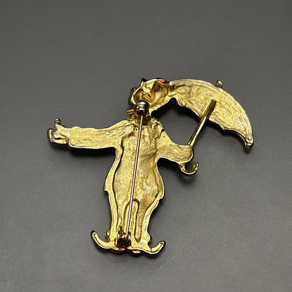 Vintage Brooch Clown with Umbrella Gold Tone & Green Blue Red Enamel Colorful